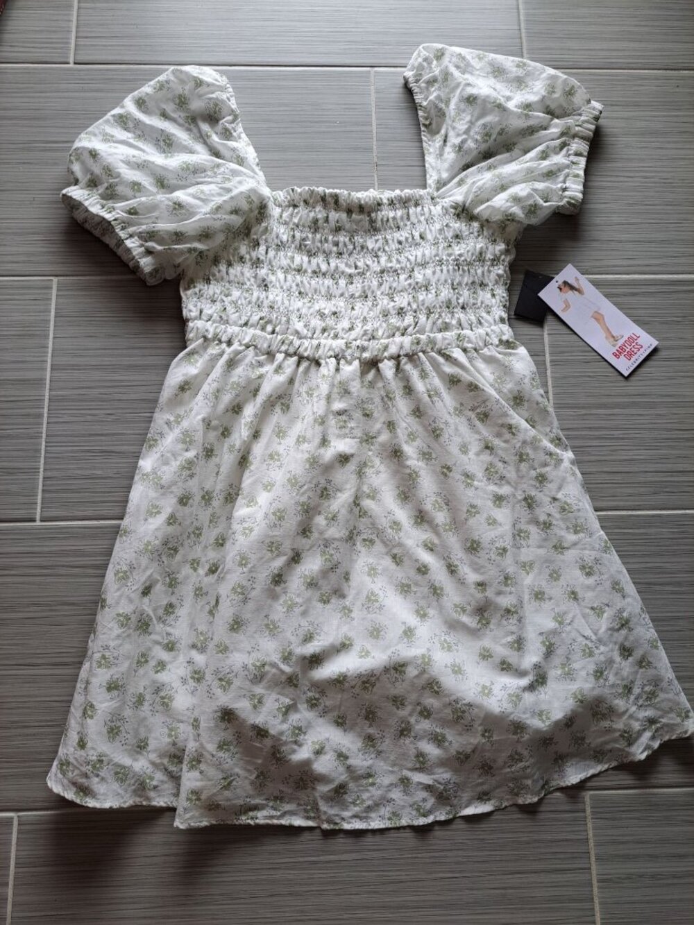 New 2XL Celebrity Pink Floral Smocked Puff Sleeve Babydoll Mini Dress White Gree - Picture 11 of 15